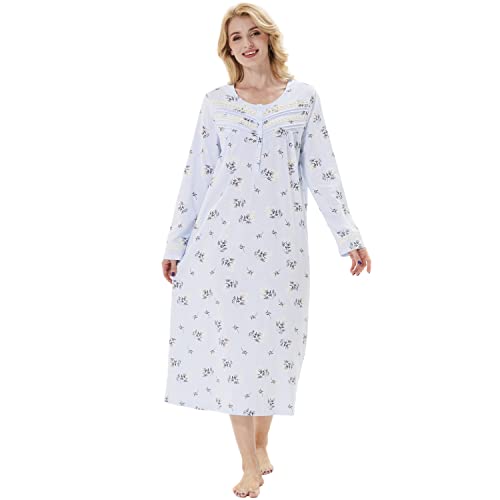 Keyocean Damen-Nachthemden, weich, 100 % Baumwolle, leicht, bequem, langärmelig, Damen-Nachthemden, Jasmin-Blumenmuster auf Hellblau, L von Keyocean