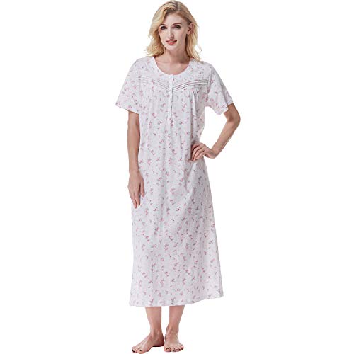 Keyocean Damen Nachthemden für alle Baumwolle Kurzarm Lange nightgowns Weiche Leichte Nachtwäsche Nachtlounge Medium Creme mit rosa Blumen-Drucken von Keyocean