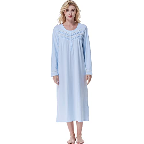 Keyocean Damen nightgowns für alle cotton soft langen ärmeln lange nachtnachtwäsche mittel hellblau von Keyocean