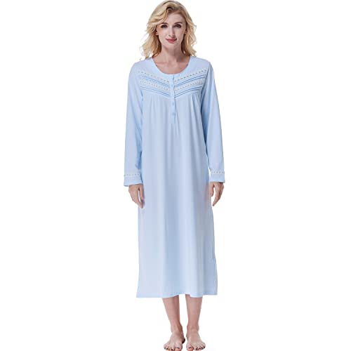 Keyocean Damen nightgowns für alle cotton soft langen ärmeln lange nachtnachtwäsche x-Groß hellblau von Keyocean