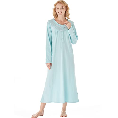 Keyocean Elegante Damen-Nachthemden, weiche 100% Baumwolle, bequem, leicht, langärmelig, Hauskleider für ältere Damen, Blau, X-Large von Keyocean