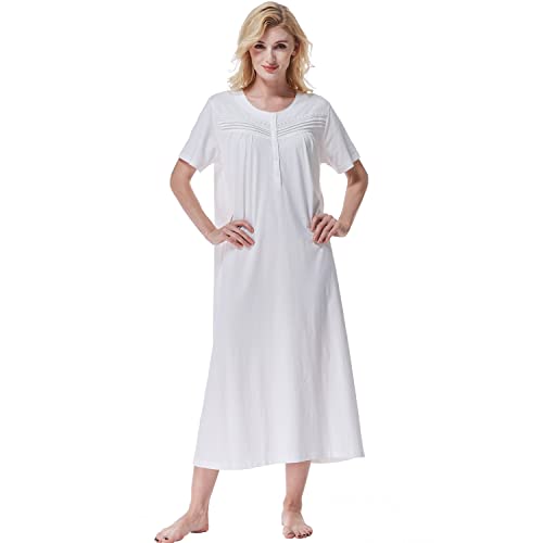 Keyocean Damen-Nachthemd, weiche 100 % Baumwolle, kurze Ärmel, bequemes Damen-Nachthemd, Cream, Large von Keyocean