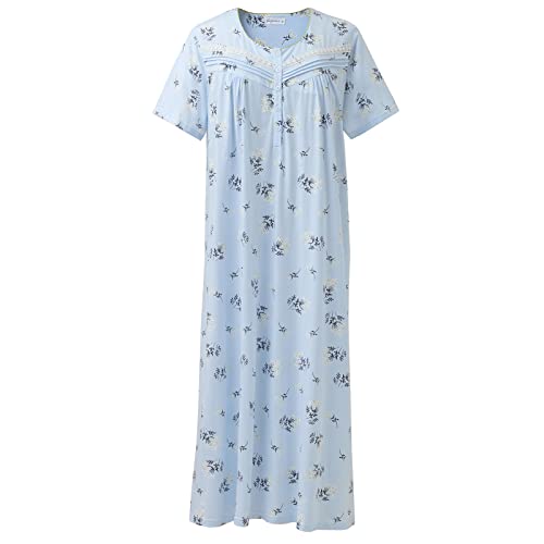 Keyocean Nachthemd Damen, weiche Baumwolle Bequeme leichte Kurze Ärmel Damen Schlafkleid, Blumenmuster auf Blau, Größe L von Keyocean