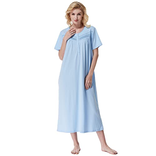 Keyocean Nachthemd Damen, weiche Baumwolle Bequeme leichte Kurze Ärmel Damen Schlafkleid, Mittelblau, X-Large von Keyocean