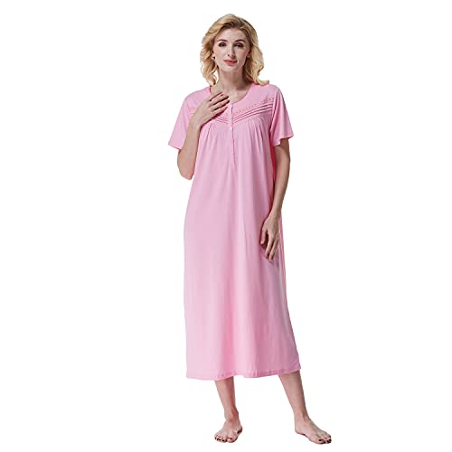 Keyocean Nachthemd Damen, weiche Baumwolle Bequeme leichte Kurze Ärmel Damen Schlafkleid, mittelrosa, Größe L von Keyocean