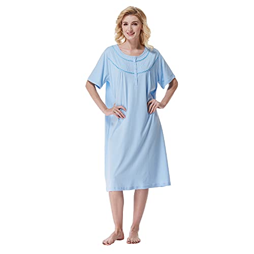 Keyocean Nachthemden aus Baumwolle für Damen, weiche Bequeme leichte Kurze Ärmel Sommer Damen Nachthemd, Mittelblau, X-Large von Keyocean