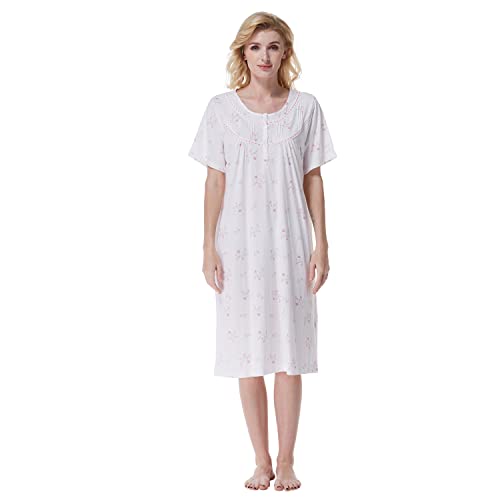 Keyocean Nachthemden aus Baumwolle für Damen, weiche Bequeme leichte Kurze Ärmel Sommer Damen Nachthemd, Rosa Blume, X-Large von Keyocean