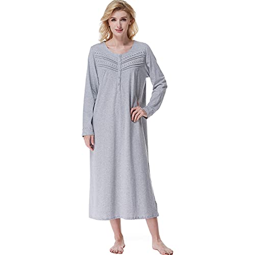 Keyocean Nachthemden für Damen, weiche 100% Baumwolle, gestrickt, bequem, langärmelig, Damen-Nachtwäsche, Kleid für Mama, Hellgrau, XL von Keyocean