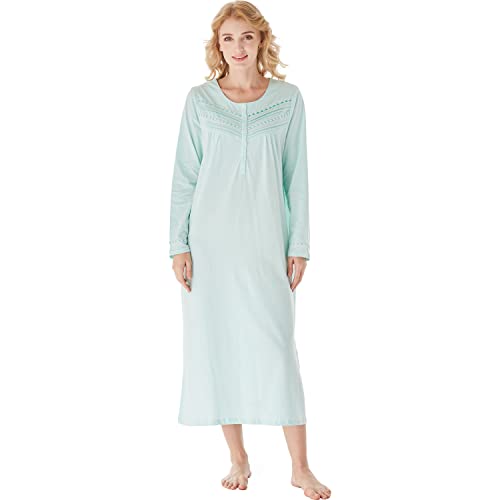 Keyocean Nachthemden für Frauen, weiche 100% Baumwoll-Strick-Nachthemden, bequeme langärmelige Damen-Nachtwäsche Kleid für Mama, Hellgrün, XL von Keyocean