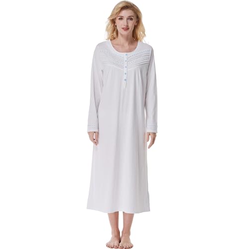 Keyocean Nachthemden für Damen, weiche 100% Baumwolle, gestrickt, bequem, langärmelig, Damen-Nachtwäsche für Mutter, Blau gepunktet, L von Keyocean