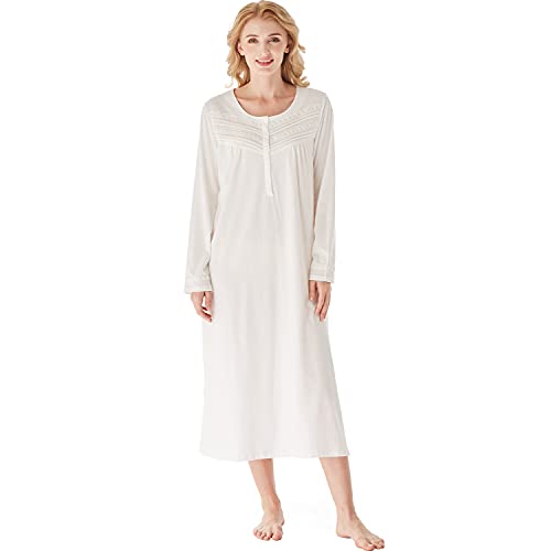 Keyocean Nachthemden für Damen, weiche 100 % Baumwolle, gestrickt, bequem, langärmelig, Damen-Nachtwäsche für Mütter, Cream, Large von Keyocean