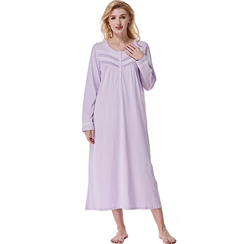Keyocean Nachthemden für Frauen, weiche 100% Baumwoll-Strick-Nachthemden, bequeme langärmelige Damen-Nachtwäsche Kleid für Mama, Hellviolett, XL von Keyocean