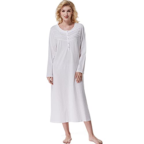 Keyocean Nachthemden für Frauen, weiche 100% Baumwoll-Strick-Nachthemden, bequeme langärmelige Damen-Nachtwäsche Kleid für Mama, Lila Punkt, M von Keyocean