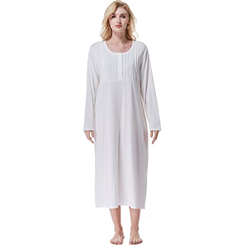 Keyocean Nachthemden für Frauen mit Taschen, 100% Baumwolle, weich, leicht, lange Ärmel, Damen-Nachthemd, Cream, Medium von Keyocean