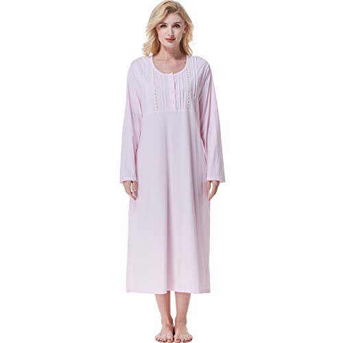 Keyocean Nachthemden für Frauen mit Taschen, 100% Baumwolle, weich, leicht, lange Ärmel, Damen-Nachthemd, Helles Pink, Medium von Keyocean