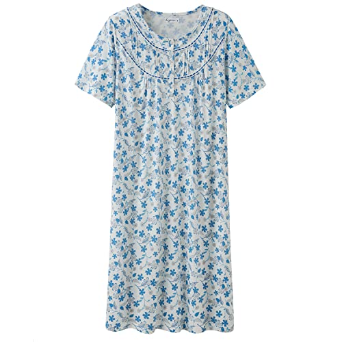 Keyocean Sommer-Nachthemd für Damen, weich, bequem, leicht, 100 % Baumwolle, kurze Ärmel, bequemes Damen-Nachthemd, Blaues Blumenmuster auf Creme, XL von Keyocean