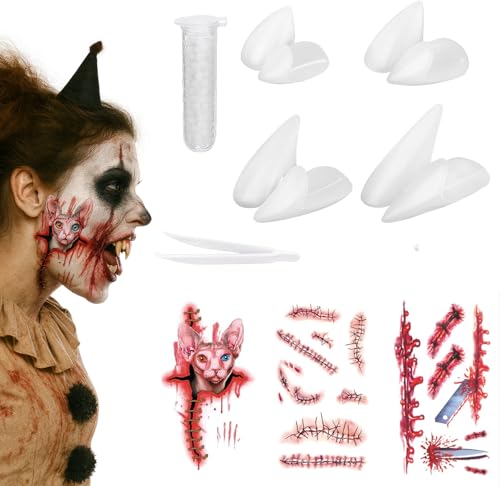 Halloween Vampir Zähne Erwachsene Kit 4 Größen VampirzäHne 3 Stück Halloween Tattoos Kostüm Accessoires für Cosplay Party Deko Vampire Teeth Fangs mit Kleber Vampirgebiss Werwolf Zähne Zahnersat von Keyoung