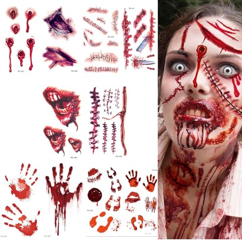 Narben Tattoo Halloween Kostüm Kinder Damen Herren Gesicht Aufkleber,Halloween Deko Zombies Vampir Narben Gruselig Fasching Gesichtstattoo Faschingskostüme Schminke Accessoires von Keyoung