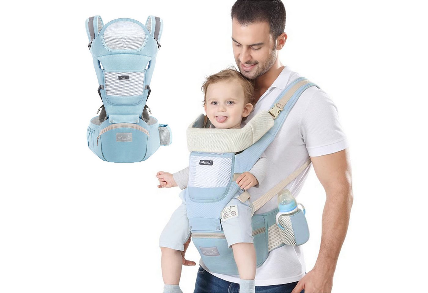 Keyura Bauchtrage Babytrage mit Hüftsitz/reine Baumwolle hellblau (Geeignet für Babys von 3–36 Monaten und 3,2–18 kg Körpergewicht, Aus 100 % Baumwolle und robustem Kunststoff gefertigt,Atmungsaktiv), ideales Geschenk zur Geburt, Babyparty oder für junge Eltern von Keyura