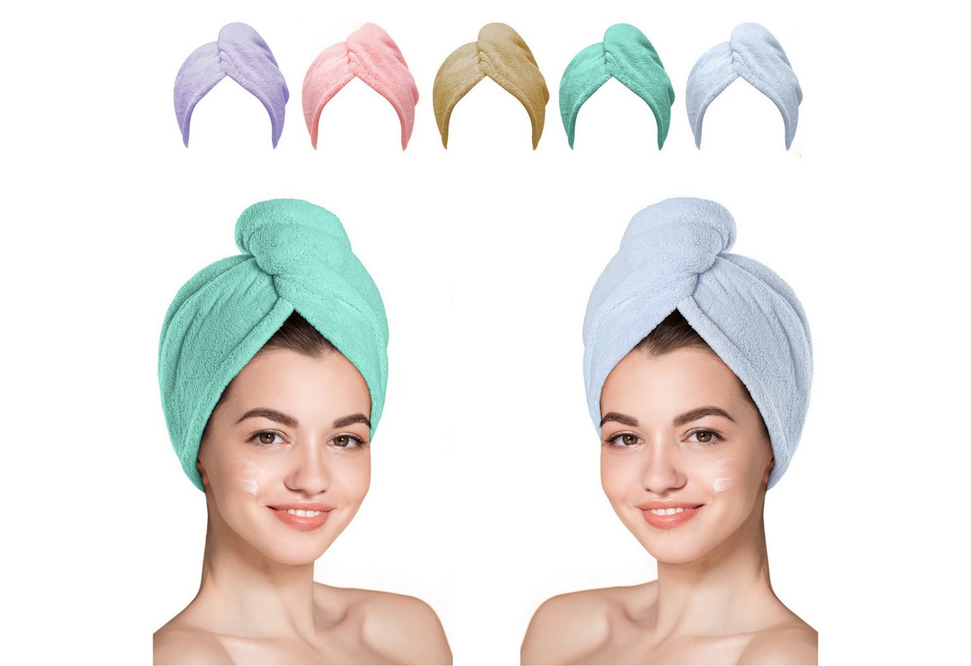 Keyura Duschhaube Haarturban Handtuch, 5 Stück Turban Haartrockentuch, Knopf Haarturban (Kopftuch Handtuch für Lange Haar, Schnelltrocknend Mikrofaser Handtuch, 5 St), mit Knopf Geschenk Rosa Blau Lila Khaki Grün von Keyura