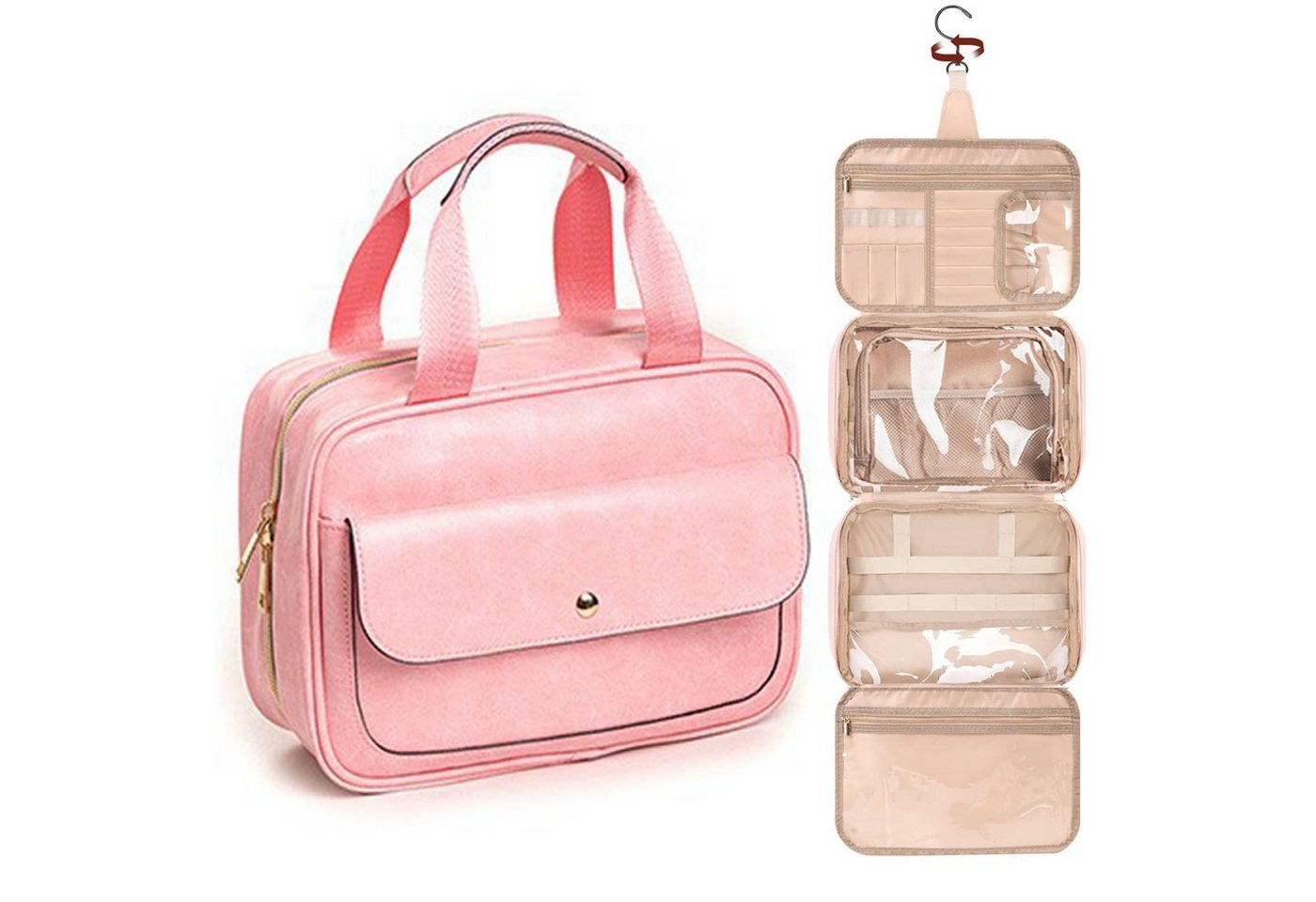 Keyura Kosmetiktasche Kulturtasche Damen wasserdichte  mit Haken,Kulturtasche zum Aufhängen (große Kapazitä Leder Kulturtasche,32 x 13 x 23 cm, rosa, Waschbeutel Kosmetik-Organizer für Damen mit 360°Drehbare Haken), Perfektes Geschenk für Frauen zu Weihnachten,Erntedank oder Geburtstag von Keyura