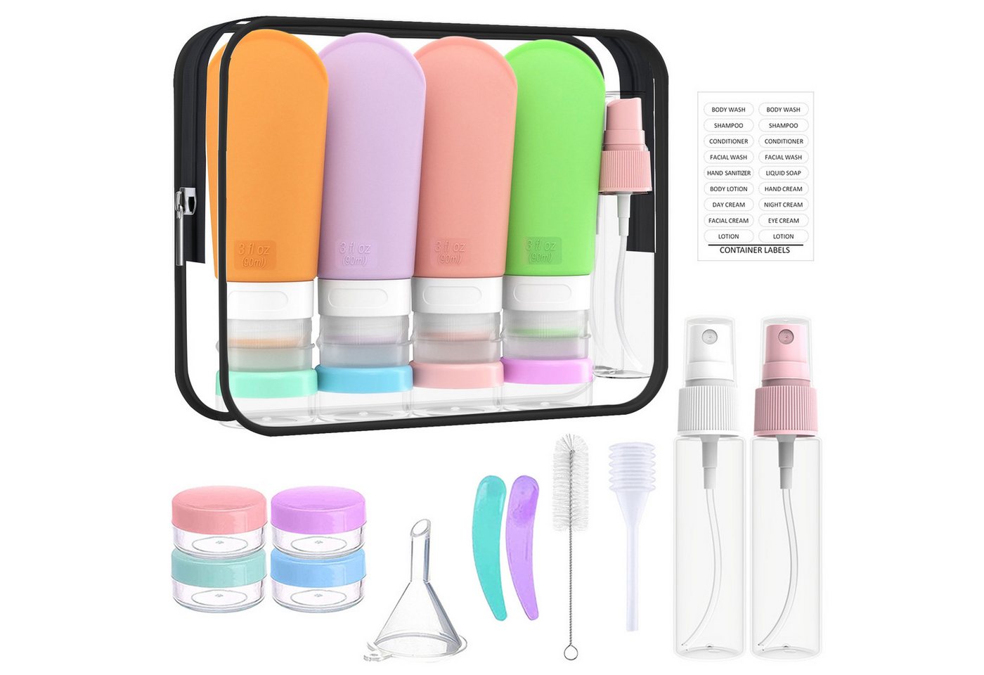 Keyura Kulturbeutel 17 Stück Reiseflaschen Set, Auslaufsicher Nachfüllbar Silikon Flaschen (Set of Silikon Reiseflaschen de 90ml, 17-tlg., Toilettenartikel Reise Behälter für Shampoo, Lotion), mit Etiketten Auslaufsichere Travel Bottles von Keyura