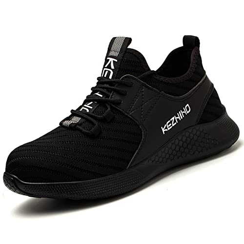 Kezhiho Arbeitsschuhe mit Stahlkappe für Herren, leicht, bequem, rutschfest, pannensicher, atmungsaktiv, unzerstörbare Konstruktion, industrielle Sneaker, D00301 Schwarz, 39.5 EU von Kezhiho
