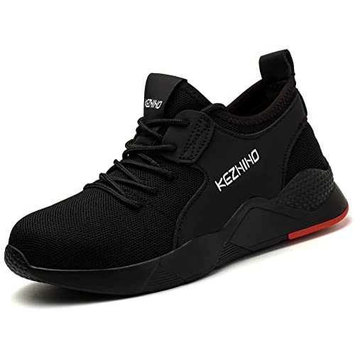 Kezhiho Arbeitsschuhe mit Stahlkappe für Herren, leicht, bequem, rutschfest, pannensicher, atmungsaktiv, unzerstörbare Konstruktion, industrielle Sneaker, D00501 Schwarz, 46 EU von Kezhiho
