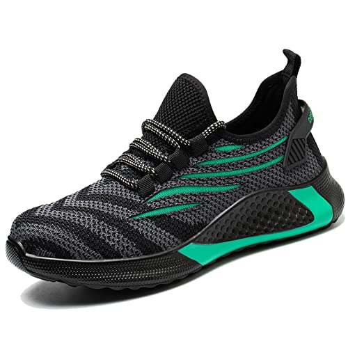 Kezhiho Arbeitsschuhe mit Stahlkappe für Herren, leicht, bequem, rutschfest, pannensicher, atmungsaktiv, unzerstörbare Konstruktion, industrielle Sneaker, D01502 Black Green, 47 EU von Kezhiho