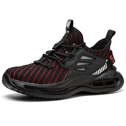 Kezhiho Stahlkappenschuhe für Herren, leicht, bequem, atmungsaktiv, pannensicher, rutschfest, modische Sneaker, unzerstörbare Konstruktion, industrielle Sicherheitsschuhe, D01802 Schwarz Rot, 38.5 EU von Kezhiho