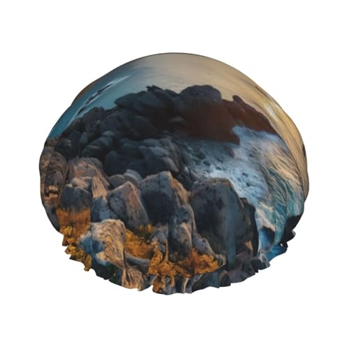 Stones Blaues Meer Ozean Sonnenaufgang Berg Duschhauben Frauen wiederverwendbar große Duschhaube Männer schnell trocknende Pflege Haar lang kurz Kinderbad von Kfjghhl