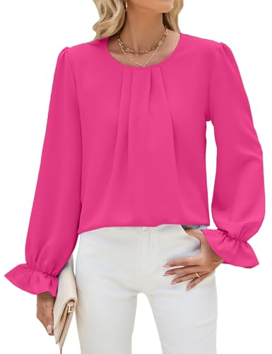 Damen Bluse Elegant Flowy Oberteile Langarm Tunika | Puff Ärmel | Plissierte Vorderseite | Rundhals Hemd Lässig Business Oberteile Hemdbluse, L von Kfnire
