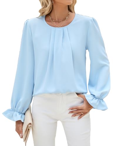 Damen Bluse Elegant Flowy Oberteile Langarm Tunika | Puff Ärmel | Plissierte Vorderseite | Rundhals Hemd Lässig Business Oberteile Hemdbluse, L von Kfnire