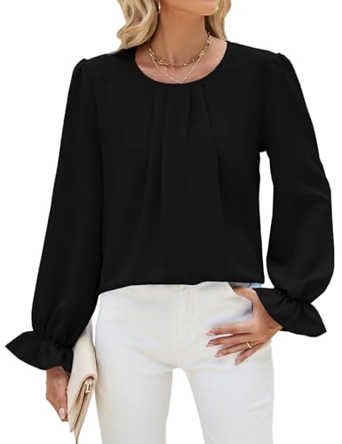 Damen Bluse Elegant Flowy Oberteile Langarm Tunika | Puff Ärmel | Plissierte Vorderseite | Rundhals Hemd Lässig Business Oberteile Hemdbluse, M von Kfnire