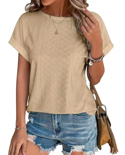 Damen T-Shirt Rundhals Sommer Oberteile Elegant Ösen Stickerei Kurzarm Casual Basic Bluse Kurzarm Damen von Kfnire