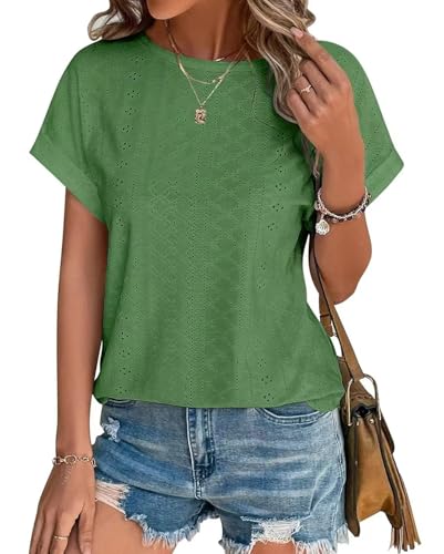 Damen T-Shirt Rundhals Sommer Oberteile Elegant Ösen Stickerei Kurzarm Casual Basic Bluse Kurzarm Damen von Kfnire