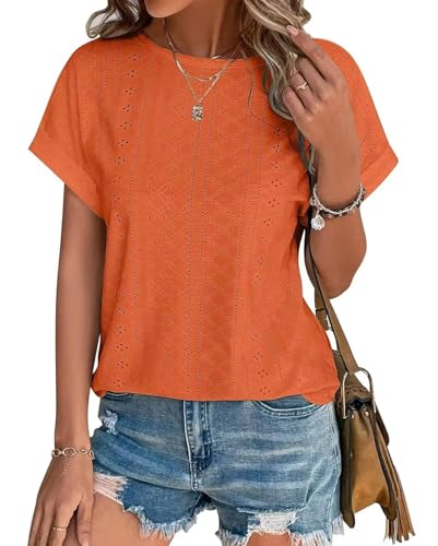 Damen T-Shirt Rundhals Sommer Oberteile Elegant Ösen Stickerei Kurzarm Casual Basic Bluse Kurzarm Damen von Kfnire