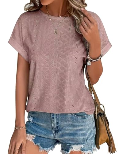 Damen T-Shirt Rundhals Sommer Oberteile Elegant Ösen Stickerei Kurzarm Casual Basic Bluse Kurzarm Damen von Kfnire