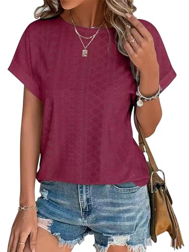 Damen T-Shirt Rundhals Sommer Oberteile Elegant Ösen Stickerei Kurzarm Casual Basic Bluse Kurzarm Damen von Kfnire
