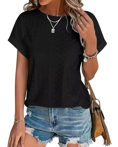 Damen T-Shirt Rundhals Sommer Oberteile Elegant Ösen Stickerei Kurzarm Casual Basic Bluse Kurzarm Damen von Kfnire
