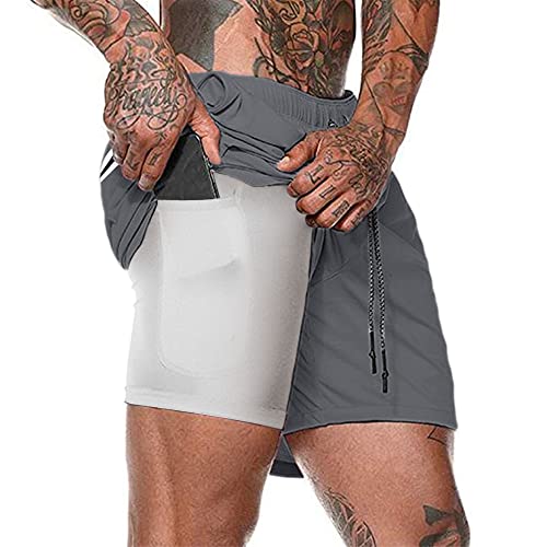 Herren Laufhose Kurz, 2-in-1 Aktiv Laufshorts Atmungsaktiv Innerer Kompressionsshorts mit Tasche Kordelzug Herren Deluxe Kurz Sporthose Trainingsshort, Dunkelgrau, M von Kfnire