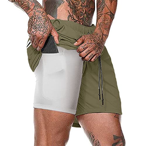 Herren Laufhose Kurz, 2-in-1 Aktiv Laufshorts Atmungsaktiv Innerer Kompressionsshorts mit Tasche Kordelzug Herren Deluxe Kurz Sporthose Trainingsshort,Armeegrün,L von Kfnire