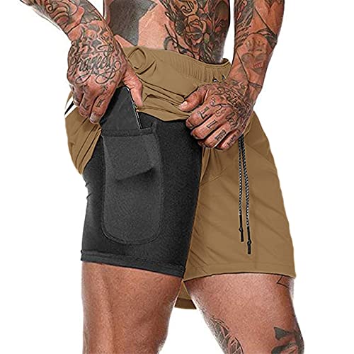 Herren Laufhose Kurz, 2-in-1 Aktiv Laufshorts Atmungsaktiv Innerer Kompressionsshorts mit Tasche Kordelzug Herren Deluxe Kurz Sporthose Trainingsshort,Khaki,M von Kfnire