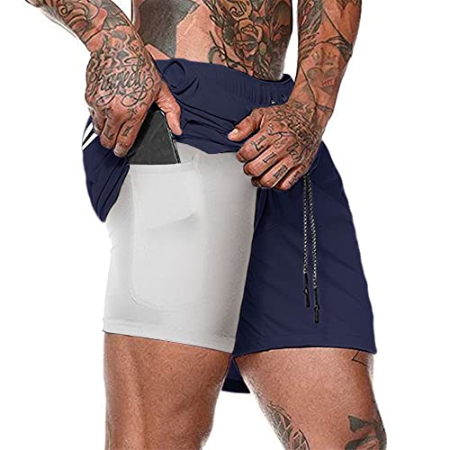 Herren Laufhose Kurz, 2-in-1 Aktiv Laufshorts Atmungsaktiv Innerer Kompressionsshorts mit Tasche Kordelzug Herren Deluxe Kurz Sporthose Trainingsshort,Navy Blau,L von Kfnire