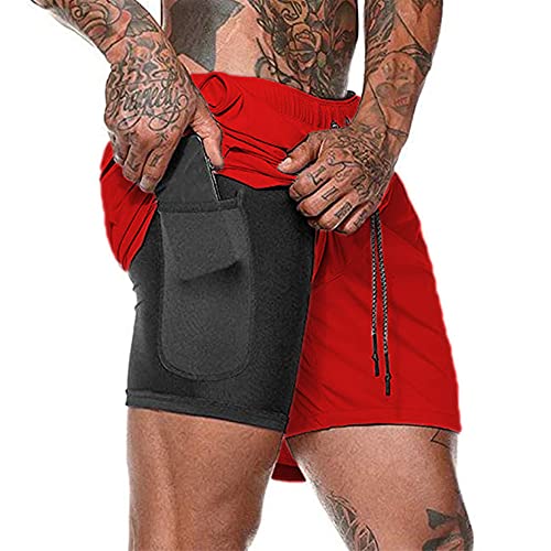 Herren Laufhose Kurz, 2-in-1 Aktiv Laufshorts Atmungsaktiv Innerer Kompressionsshorts mit Tasche Kordelzug Herren Deluxe Kurz Sporthose Trainingsshort,Rot,L von Kfnire