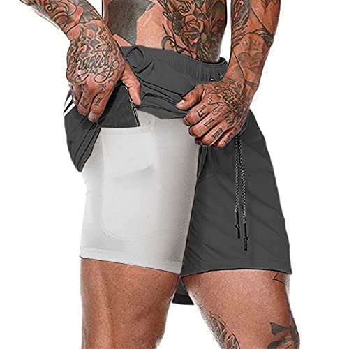 Herren Laufhose Kurz, 2-in-1 Aktiv Laufshorts Atmungsaktiv Innerer Kompressionsshorts mit Tasche Kordelzug Herren Deluxe Kurz Sporthose Trainingsshort,Schwarz,L von Kfnire