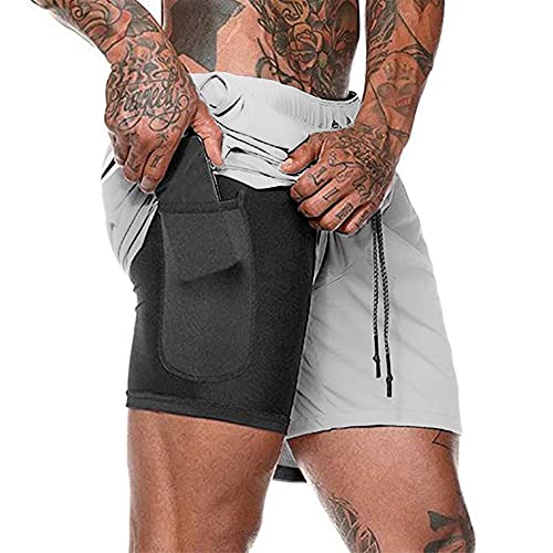 Herren Laufhose Kurz, 2-in-1 Aktiv Laufshorts Atmungsaktiv Innerer Kompressionsshorts mit Tasche Kordelzug Herren Deluxe Kurz Sporthose Trainingsshort,Silber-Grau,XL von Kfnire