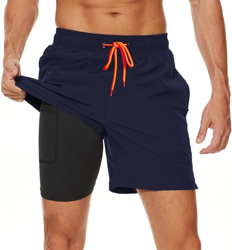 Kfnire Badehose Herren Badehosen mit Kompression Boxershorts Liner 2-in-1 Badehose Männer Atmungsaktiv Wasserabweisend Schnell Trocknend Badeshorts für Herren Schwimmhose mit Reißverschlusstasche von Kfnire