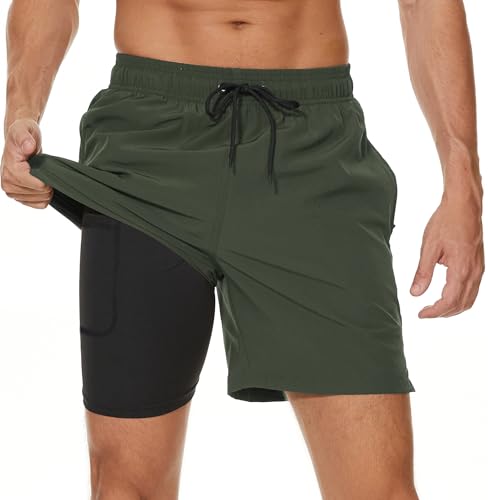 Kfnire Herren 2-in-1 Schnelltrocknende Badeshorts mit Innenhose und Reißverschlusstaschen, Schwimmhose für Männer, Militärgrün, S von Kfnire