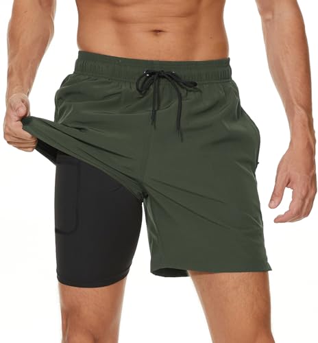 Kfnire Badehose Herren Badehosen mit Kompression Boxershorts Liner 2-in-1 Badehose Männer Atmungsaktiv Wasserabweisend Schnell Trocknend Badeshorts für Herren Schwimmhose mit Reißverschlusstasche von Kfnire